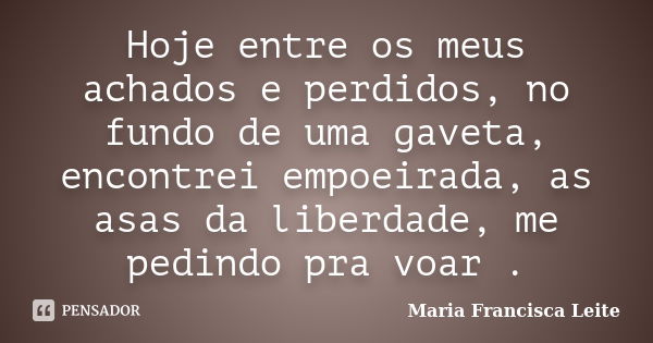 Hoje entre os meus achados e perdidos, no fundo de uma gaveta, encontrei empoeirada, as asas da liberdade, me pedindo pra voar .... Frase de Maria Francisca Leite.