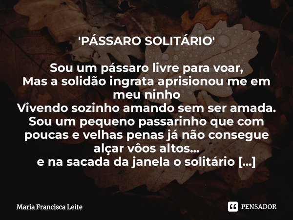 ⁠'PÁSSARO SOLITÁRIO' Sou um pássaro livre para voar, Mas a solidão ingrata aprisionou me em meu ninho Vivendo sozinho amando sem ser amada. Sou um pequeno passa... Frase de Maria Francisca Leite.