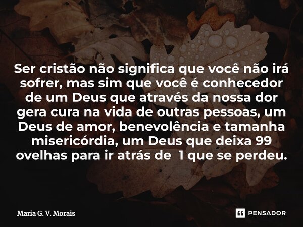 ⁠Ser cristão não significa que você não irá sofrer, mas sim que você é conhecedor de um Deus que através da nossa dor gera cura na vida de outras pessoas, um De... Frase de Maria G. V. Morais.