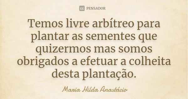 Temos livre arbítreo para plantar as sementes que quizermos mas somos obrigados a efetuar a colheita desta plantação.... Frase de Maria Hilda Anastácio.