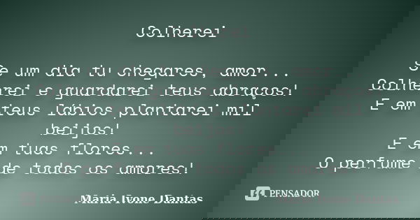 Colherei Se um dia tu chegares, amor... Colherei e guardarei teus abraços! E em teus lábios plantarei mil beijos! E em tuas flores... O perfume de todos os amor... Frase de Maria Ivone Dantas.