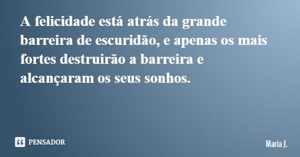 A felicidade está atrás da grande barreira de escuridão, e apenas os mais fortes destruirão a barreira e alcançaram os seus sonhos.... Frase de Maria J..