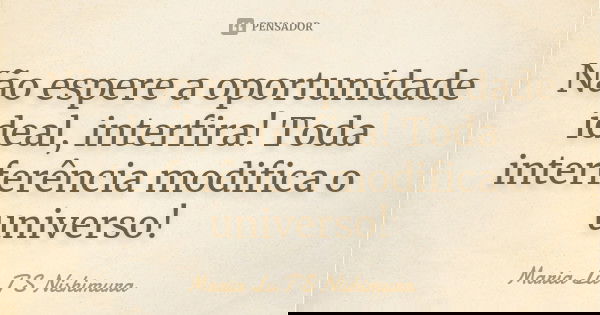 Não espere a oportunidade ideal, interfira! Toda interferência modifica o universo!... Frase de Maria Lu T S Nishimura.