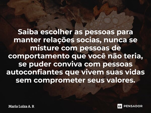 Saiba escolher as pessoas para manter relações socias, nunca se misture com pessoas de comportamento que você não teria, se puder conviva com pessoas autoconfi... Frase de Maria Luiza A. R.