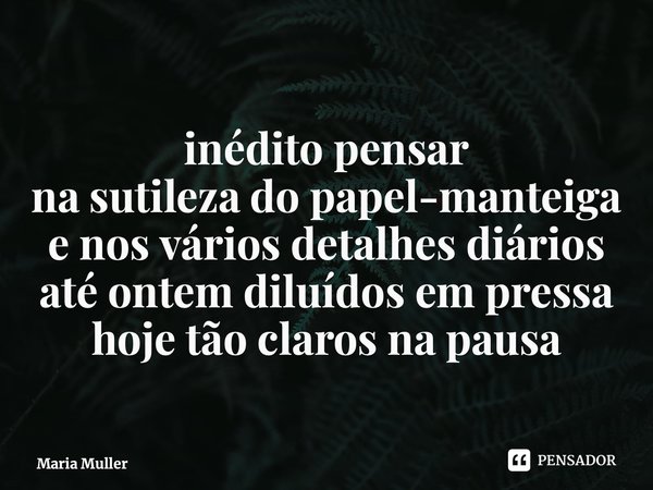 ⁠inédito pensar na sutileza do papel-manteiga e nos vários detalhes diários até ontem diluídos em pressa hoje tão claros na pausa... Frase de Maria Muller.