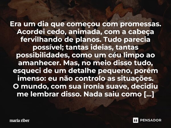 ⁠Era um dia que começou com promessas. Acordei cedo, animada, com a cabeça fervilhando de planos. Tudo parecia possível; tantas ideias, tantas possibilidades, c... Frase de Maria Riber.