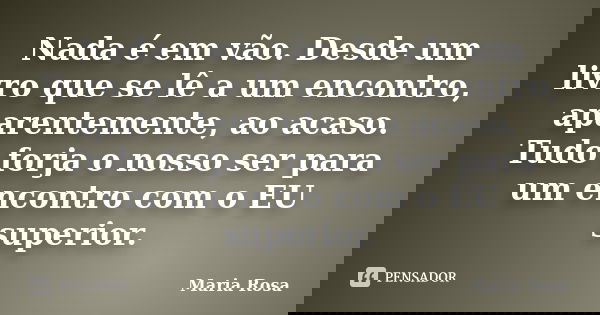 Nada é em vão. Desde um livro que se lê a um encontro, aparentemente, ao acaso. Tudo forja o nosso ser para um encontro com o EU superior.... Frase de Maria Rosa.