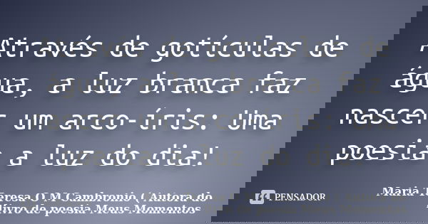 Através de gotículas de água, a luz branca faz nascer um arco-íris: Uma poesia a luz do dia!... Frase de Maria Teresa O M Cambronio ( Autora do livro de poesia Meus Momentos.