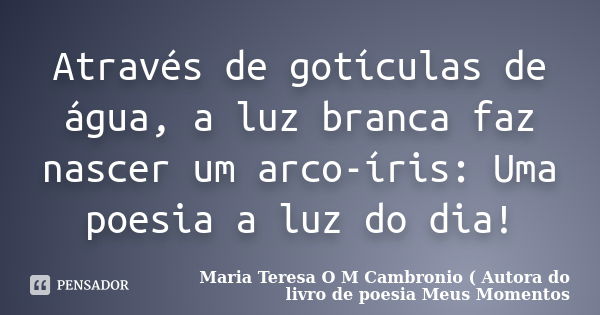 Através de gotículas de água, a luz branca faz nascer um arco-íris: Uma poesia a luz do dia!... Frase de Maria Teresa O M Cambronio ( Autora do livro de poesia Meus Momentos.