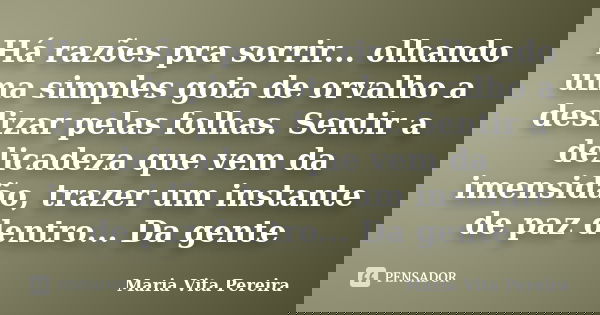 Há razões pra sorrir... olhando uma simples gota de orvalho a deslizar pelas folhas. Sentir a delicadeza que vem da imensidão, trazer um instante de paz dentro.... Frase de Maria Vita Pereira.