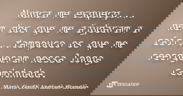 Nunca me esqueço... nem dos que me ajudaram a cair...tampouco os que me reergueram nessa longa caminhada.... Frase de Maria Zenith Andrade Brandão.