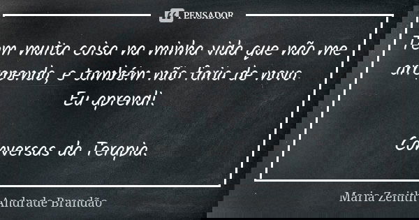 Tem muita coisa na minha vida que não me arrependo, e também não faria de novo. Eu aprendi. Conversas da Terapia.... Frase de Maria Zenith Andrade Brandão.