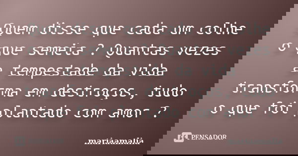 Quem disse que cada um colhe o que semeia ? Quantas vezes a tempestade da vida transforma em destroços, tudo o que foi plantado com amor ?... Frase de mariaamalia.