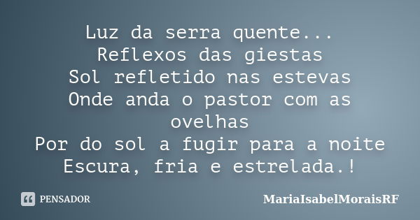 Luz da serra quente... Reflexos das giestas Sol refletido nas estevas Onde anda o pastor com as ovelhas Por do sol a fugir para a noite Escura, fria e estrelada... Frase de MariaIsabelMoraisRF.