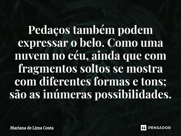 ⁠Pedaços também podem expressar o belo. Como uma nuvem no céu, ainda que com fragmentos soltos se mostra com diferentes formas e tons; são as inúmeras possibili... Frase de Mariana de Lima Costa.