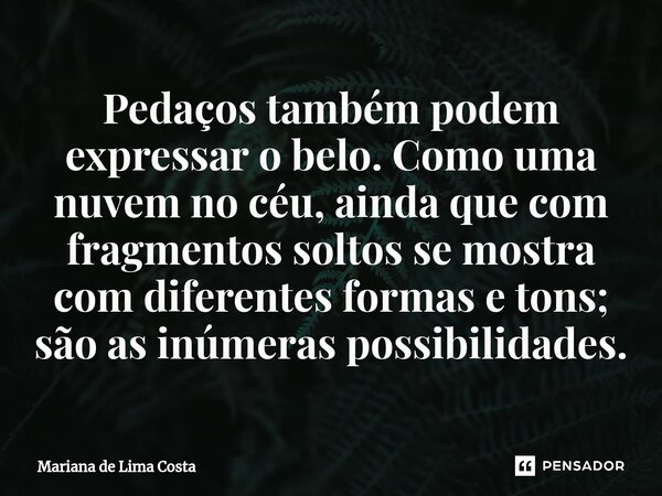 ⁠Pedaços também podem expressar o belo. Como uma nuvem no céu, ainda que com fragmentos soltos se mostra com diferentes formas e tons; são as inúmeras possibili... Frase de Mariana de Lima Costa.