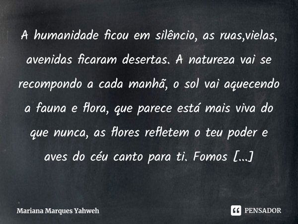 ⁠A humanidade ficou em silêncio, as ruas,vielas, avenidas ficaram desertas. A natureza vai se recompondo a cada manhã, o sol vai aquecendo a fauna e flora, que ... Frase de Mariana Marques Yahweh.