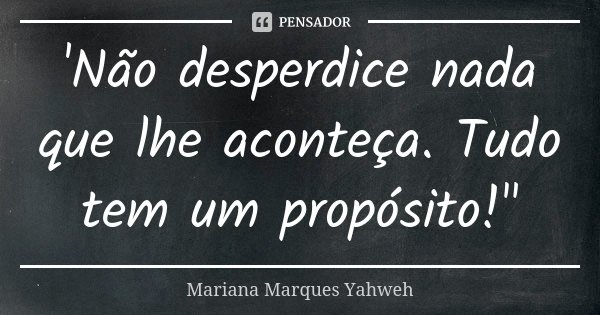 'Não desperdice nada que lhe aconteça. Tudo tem um propósito!"... Frase de Mariana Marques Yahweh.