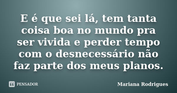 E é que sei lá, tem tanta coisa boa no mundo pra ser vivida e perder tempo com o desnecessário não faz parte dos meus planos.... Frase de Mariana Rodrigues.