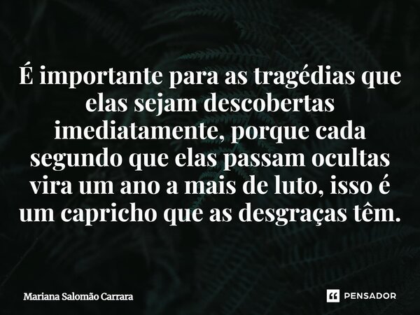 ⁠É importante para as tragédias que elas sejam descobertas imediatamente, porque cada segundo que elas passam ocultas vira um ano a mais de luto, isso é um capr... Frase de Mariana Salomão Carrara.