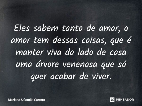 ⁠Eles sabem tanto de amor, o amor tem dessas coisas, que é manter viva do lado de casa uma árvore venenosa que só quer acabar de viver.... Frase de Mariana Salomão Carrara.