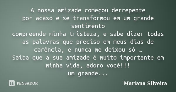 A nossa amizade começou derrepente por acaso e se transformou em um grande sentimento compreende minha tristeza, e sabe dizer todas as palavras que preciso em m... Frase de Mariana Silveira.