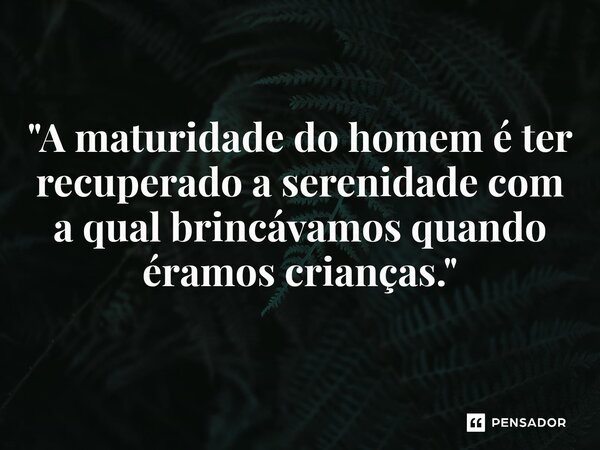 "A maturidade do homem é ter recuperado a serenidade com a qual brincávamos quando éramos crianças."... Frase de Marie von Ebner Eschenbach.