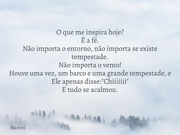 O que me inspira hoje? É a fé. Não importa o entorno, não importa se existe tempestade. Não importa o vento! Houve uma vez, um barco e uma grande tempestade, e ... Frase de Marieci.