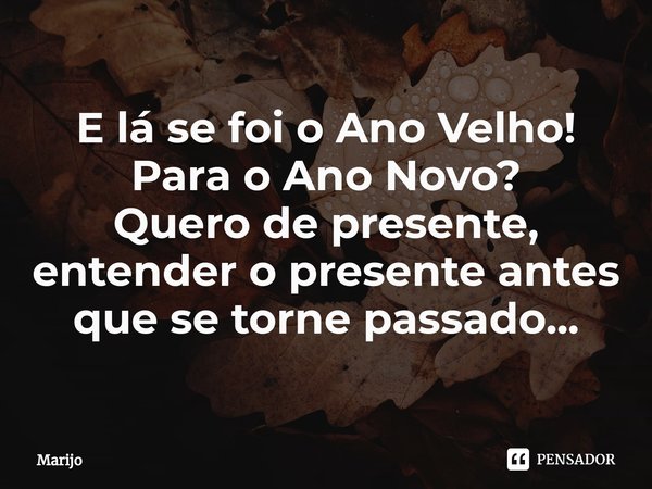 ⁠E lá se foi o Ano Velho!
Para o Ano Novo?
Quero de presente, entender o presente antes que se torne passado...... Frase de Marijo.