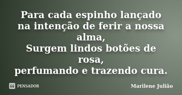 Para cada espinho lançado na intenção de ferir a nossa alma, Surgem lindos botões de rosa, perfumando e trazendo cura.... Frase de Marilene Julião.