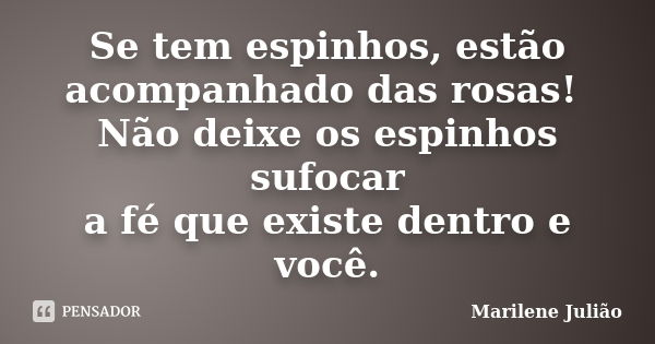 Se tem espinhos, estão acompanhado das rosas! Não deixe os espinhos sufocar a fé que existe dentro e você.... Frase de Marilene Julião.