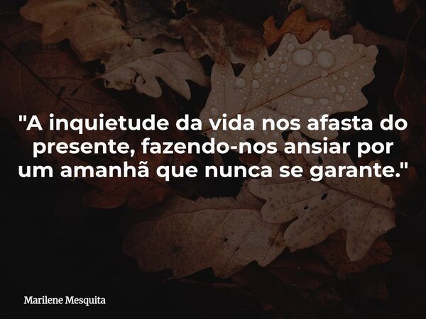 "A inquietude da vida nos afasta do presente, fazendo-nos ansiar por um amanhã que nunca se garante."... Frase de Marilene Mesquita.