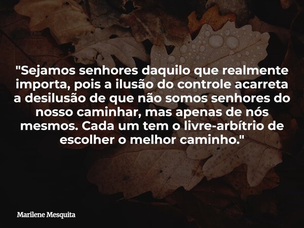 "Sejamos senhores daquilo que realmente importa, pois a ilusão do controle acarreta a desilusão de que não somos senhores do nosso caminhar, mas apenas de ... Frase de Marilene Mesquita.