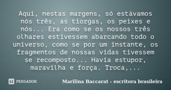 Aqui, nestas margens, só estávamos nós três, as tiorgas, os peixes e nós... Era como se os nossos três olhares estivessem abarcando todo o universo, como se por... Frase de Marilina Baccarat - escritora brasileira.
