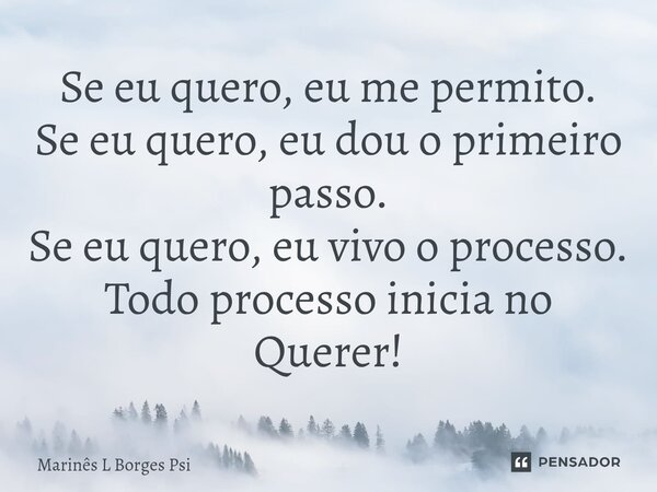 Se eu quero, eu me permito. Se eu quero, eu dou o primeiro passo. Se eu quero, eu ⁠vivo o processo. Todo processo inicia no Querer!... Frase de Marinês L Borges Psi.