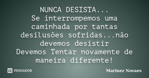 NUNCA DESISTA... Se interrompemos uma caminhada por tantas desilusões sofridas...não devemos desistir Devemos Tentar novamente de maneira diferente!... Frase de Marinez Novaes.