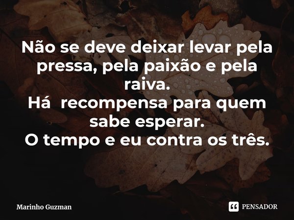 ⁠Não se deve deixar levar pela pressa, pela paixão e pela raiva.
Há recompensa para quem sabe esperar.
O tempo e eu contra os três.... Frase de Marinho Guzman.