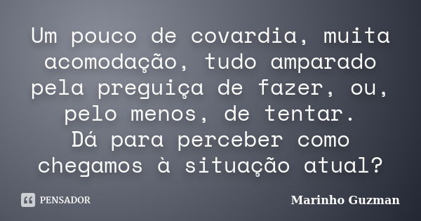 Um pouco de covardia, muita acomodação, tudo amparado pela preguiça de fazer, ou, pelo menos, de tentar. Dá para perceber como chegamos à situação atual?... Frase de Marinho Guzman.