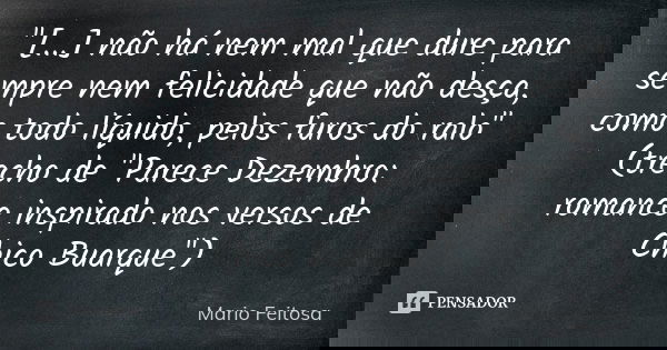 "[...] não há nem mal que dure para sempre nem felicidade que não desça, como todo líquido, pelos furos do ralo"
(trecho de "Parece Dezembro: rom... Frase de Mario Feitosa.