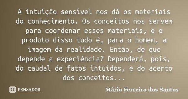 A intuição sensível nos dá os materiais do conhecimento. Os conceitos nos servem para coordenar esses materiais, e o produto disso tudo é, para o homem, a image... Frase de Mário Ferreira dos Santos.