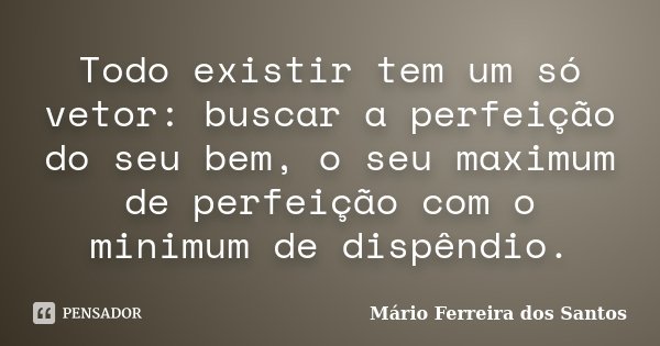 Todo existir tem um só vetor: buscar a perfeição do seu bem, o seu maximum de perfeição com o minimum de dispêndio.... Frase de Mário Ferreira dos Santos.