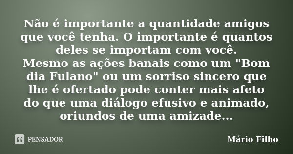 Não é importante a quantidade amigos que você tenha. O importante é quantos deles se importam com você. Mesmo as ações banais como um "Bom dia Fulano"... Frase de Mario Filho.