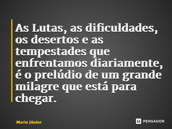 ⁠As Lutas, as dificuldades, os desertos e as tempestades que enfrentamos diariamente, é o prelúdio de um grande milagre que está para chegar.... Frase de Mário Junior.