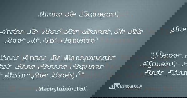 Nunca Se Esqueça!, Que Antes De Você Ser Grande,Um Dia Você Já Foi Pequeno! "(Pense Nisso Antes De Menosprezar Alguém!; Pois Essa Pessoa Pequena Pode Ficar... Frase de Mário Júnior TRD....