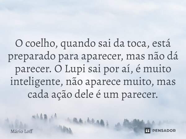 ⁠O coelho, quando sai da toca, está preparado para aparecer, mas não dá parecer. O Lupi sai por aí, é muito inteligente, não aparece muito, mas cada ação dele é... Frase de Mário Loff.