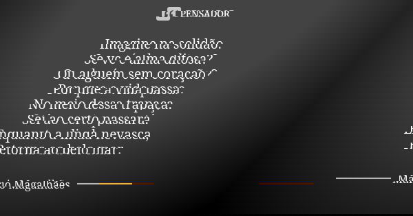 Imagine na solidão. Se vc é alma ditosa? Ou alguém sem coração? Por que a vida passa. No meio dessa trapaça. Sei ao certo passará. Enquanto a linda nevasca, Ret... Frase de Mário Magalhães.