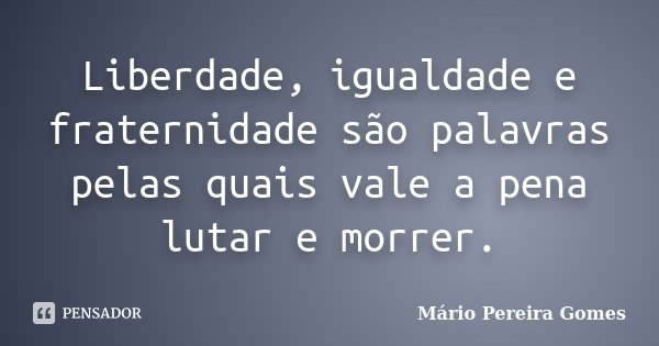 Liberdade, igualdade e fraternidade são palavras pelas quais vale a pena lutar e morrer.... Frase de Mário Pereira Gomes.