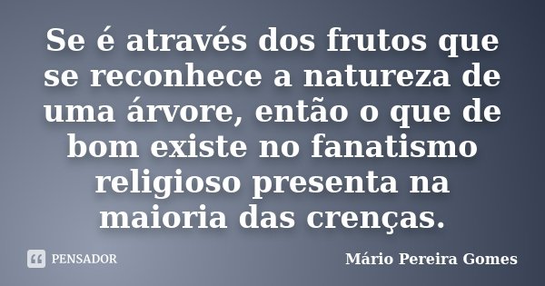 Se é através dos frutos que se reconhece a natureza de uma árvore, então o que de bom existe no fanatismo religioso presenta na maioria das crenças.... Frase de Mário Pereira Gomes.