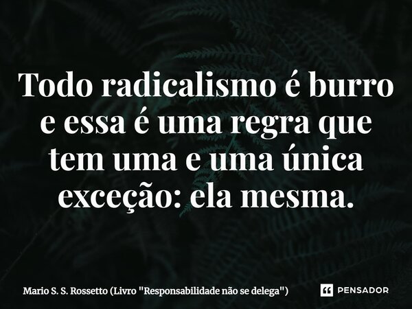 ⁠Todo radicalismo é burro e essa é uma regra que tem uma e uma única exceção: ela mesma.... Frase de Mario S. S. Rossetto (Livro 