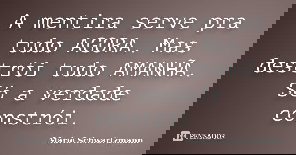 A mentira serve pra tudo AGORA. Mas destrói tudo AMANHÃ. Só a verdade constrói.... Frase de Mario Schwartzmann.